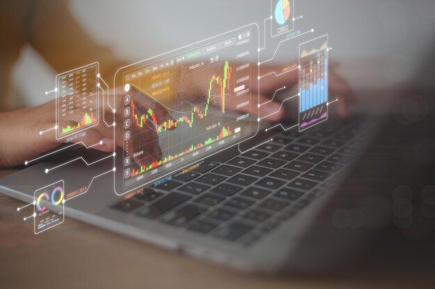 Gráfico de precios e indicador Inversión en el mercado bursátil y criptomonedas Comerciante analizando datos en una pantalla virtual Inversiones en el mercado de valores y empresas
