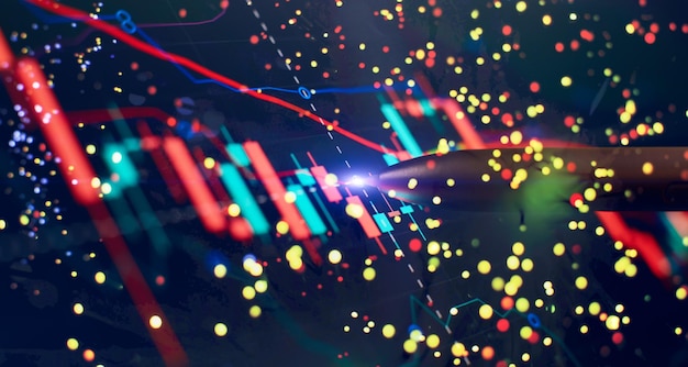 Gráfico de precios e indicador de pluma en pantalla gráfico de velas rojas y verdes en pantalla azul volatilidad del mercado temático tendencia alcista y bajista