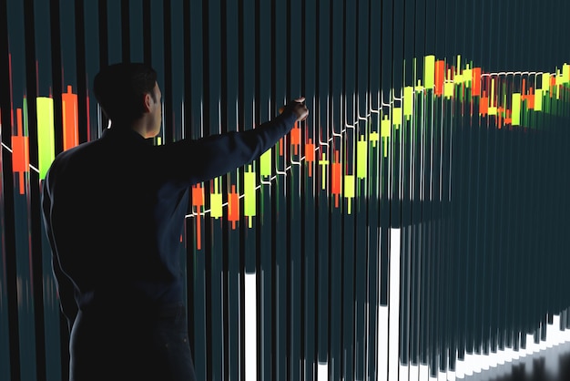 Foto gráfico de precios con volúmenes el comerciante analiza el movimiento de precios en un enorme gráfico de comercio