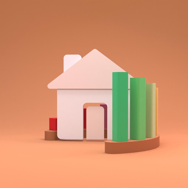 Gráfico de semicírculo de crecimiento de rojo a verde y el icono de la casa 3d render