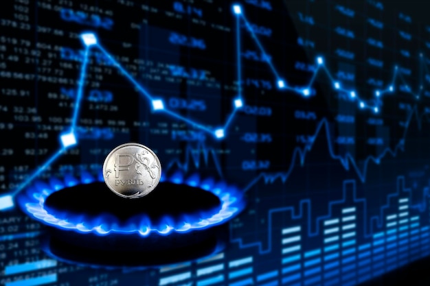 Gráfico de subida caída de los precios del gas natural Moneda rublo ruso en un quemador de gas El concepto de pagar el gas natural en rublos rusos Foto de alta calidad