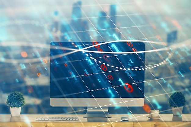 Gráfico y tabla del mercado de valores con fondo informático Múltiple exposición Concepto de análisis financiero