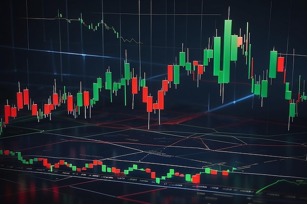 Gráfico técnico de preços e gráfico de velas vermelho e verde do indicador na tela de tema azul