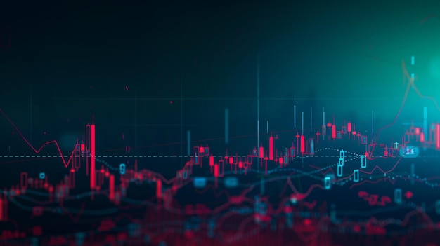 Foto gráfico técnico de preços e indicador gráfico de velas vermelho e verde em tela de tema azul volatilidade do mercado tendência para cima e para baixo negociação de ações criptomoeda de fundo