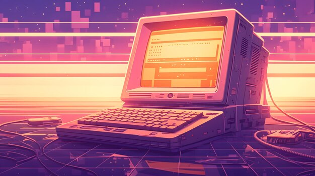 Gráfico de tecnología retro con una computadora vintage con diseños de bloques y una vieja escuela