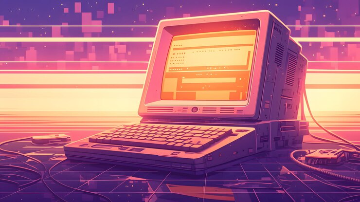 Foto gráfico de tecnología retro con una computadora vintage con diseños de bloques y una vieja escuela