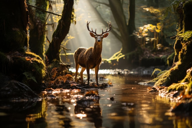 Gráfico temático com cenas inspiradas na natureza Ilustra uma calma clareira na floresta