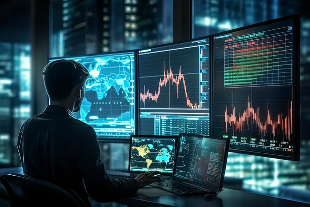 Foto gráfico de tendencia de acciones en el concepto de inversión financiera por computadora imagen generada por tecnología ai