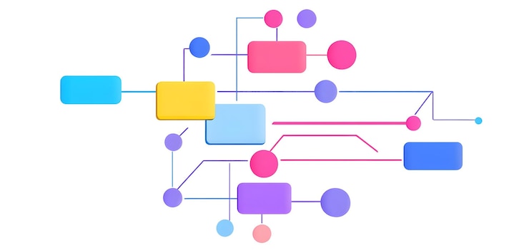 Foto gráfico vectorial colorido que muestra nodos y bloques interconectados ideal para temas de tecnología y visualización de datos