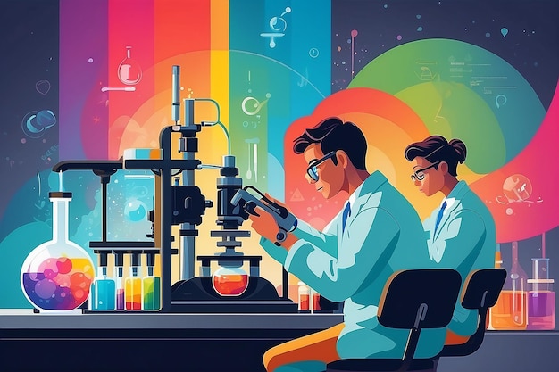 un gráfico vectorial de estudiantes que utilizan equipos avanzados de espectroscopia para el análisis químico ilustración vectorial en estilo plano