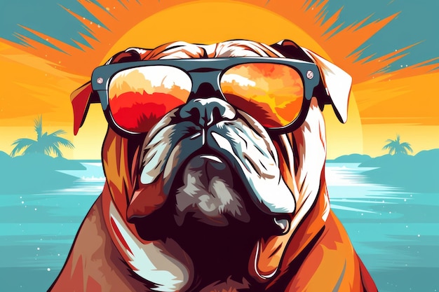 Gráfico vectorial retrótipo de bulldog con gafas de sol hermosa imagen de ilustración IA generativa