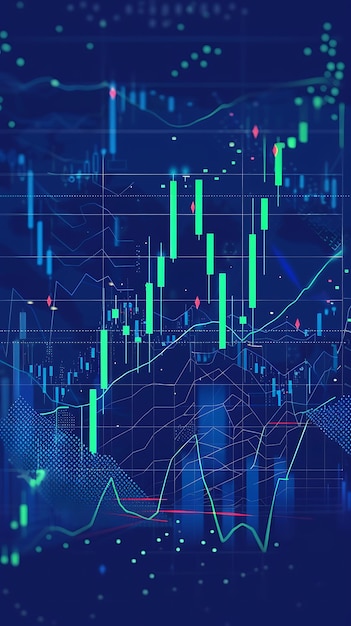 Gráfico de velas de alta definición en un fondo azul profundo que muestra una tendencia alcista del mercado con velas verdes audaces y precisión vectorial aguda