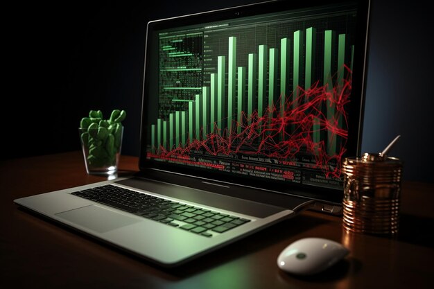 Gráfico de velas y datos del mercado financiero mundial que se muestra en una computadora portátil Generative Ai