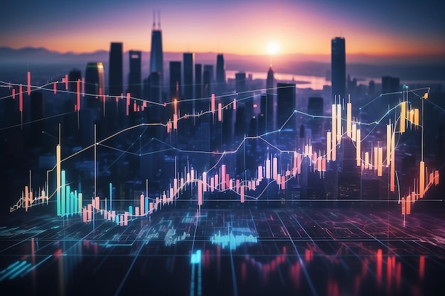 Gráfico de velas de divisas de datos grandes resplandecientes en el telón de fondo borroso de la ciudad Comercio