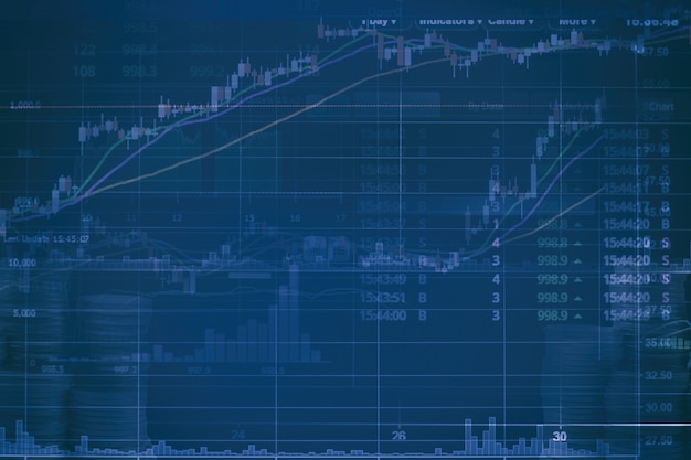 Gráfico de velas financieras abstracto con gráfico de líneas y números de acciones