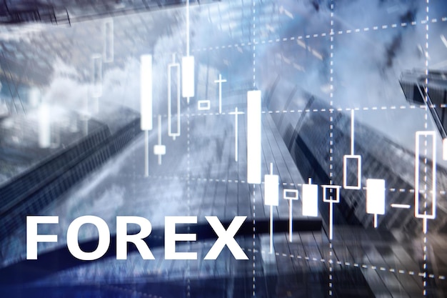 Gráfico de velas financieras de operaciones de cambio de divisas y gráficos en el fondo borroso del centro de negocios