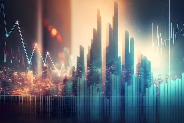 Gráfico de velas de forex de big data abstracto brillante sobre fondo de ciudad borrosa Concepto de análisis e inversión en tecnología comercial Red neuronal generada por IA