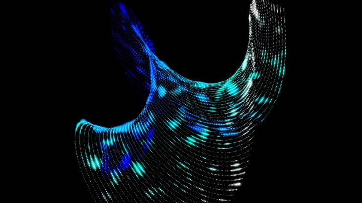 Foto gráficos abstractos 3d partículas fluido puntos coloridos fondo negro que fluyen líneas suaves simulación espacio representación 3d