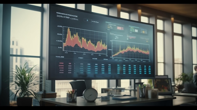 Gráficos de análisis de negocios en pantallas grandes en la oficina Estadísticas de crecimiento de negocios Datos de negocios