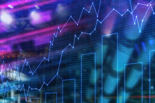 Gráficos brilhantes azuis e gráfico de barras sobre fundo desfocado da cidade. Conceito de negociação e mercado de ações. exposição dupla de renderização 3D