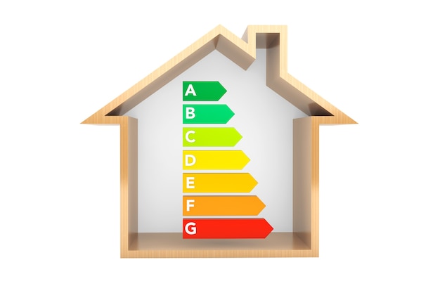 Gráficos de calificación de eficiencia energética con casa sobre un fondo blanco.