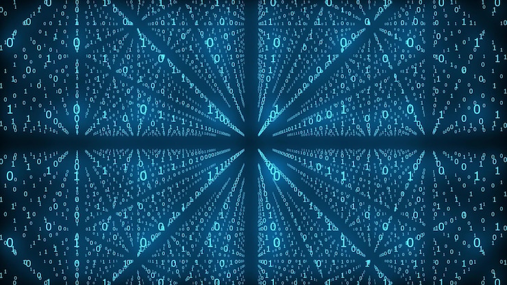 Foto gráficos por computadora número infinito de ceros y unos moviéndose sobre un fondo negro digitali