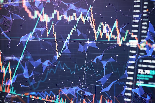 Gráficos de barras, diagramas, dados financeiros. Gráfico Forex. Conceito de mercado de ações e fintech.Futuristic financial interface.