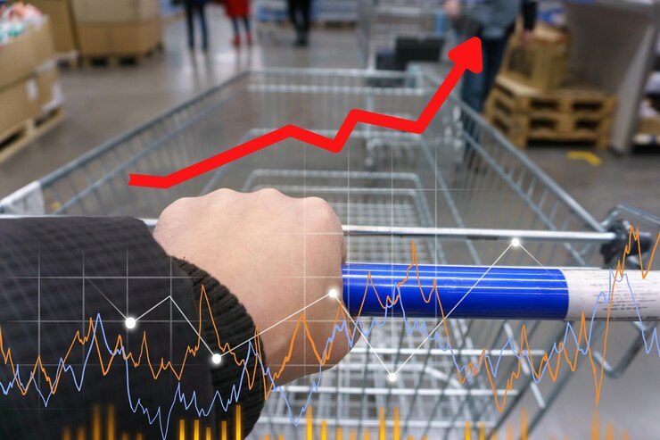 Foto gráficos de barras e gráficos aumento dos preços dos alimentos crise e aumento dos preços das commodities conceito