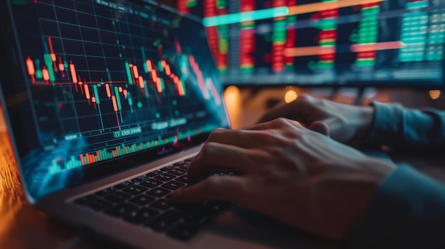 Gráficos de monitoramento de traders de ações focados em laptop identificando oportunidades de mercado de ações