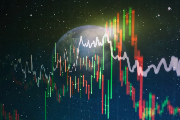 Gráficos de negociação financeiros abstratos e número digital no monitor. Plano de fundo do gráfico digital dourado e azul para representar a tendência do mercado de ações.