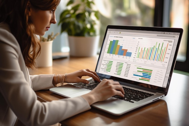 Foto gráficos y diagramas en la pantalla del portátil mientras el analista del mercado financiero trabaja en la computadora portátil