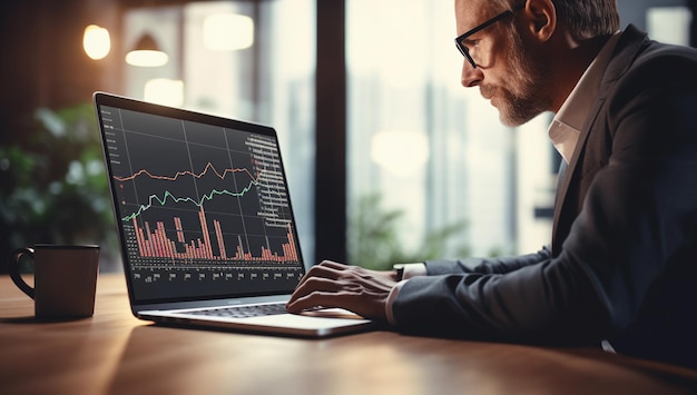 Foto gráficos y diagramas en la pantalla del portátil mientras el analista del mercado financiero trabaja en la computadora portátil