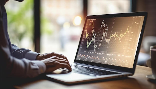 Foto gráficos y diagramas en la pantalla del portátil mientras el analista del mercado financiero trabaja en la computadora portátil