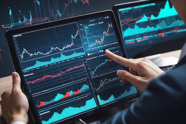 Gráficos e gráficos econômicos de dupla exposição em tela virtual Negociação on-line Conceito de negócios e finanças