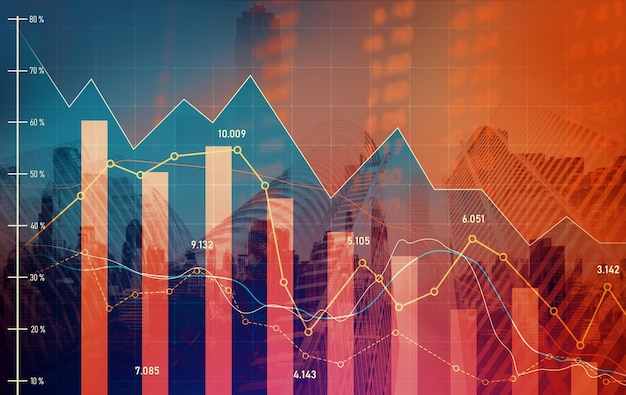 Gráficos em declínio e indicadores digitais se sobrepõem ao fundo da cidade modernista