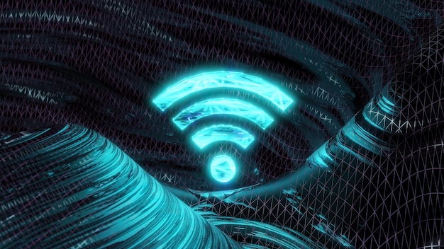 Gráficos em movimento de letras wifi azuis brilhantes com fundo ondulado