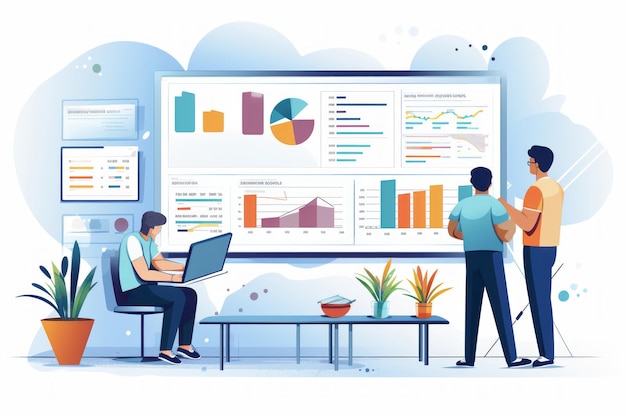 Gráficos en el equipo de visualización grande que analiza la ilustración