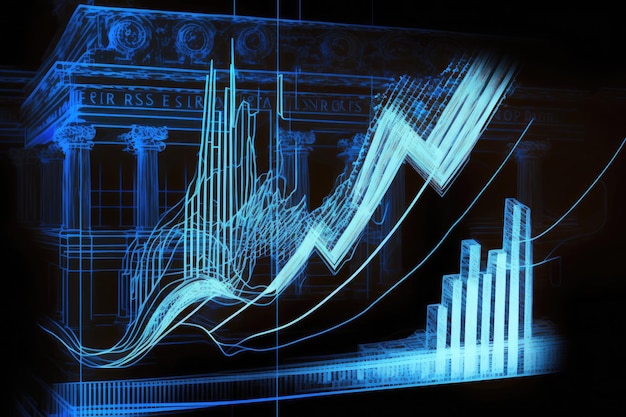 Foto gráficos financeiros do mercado de negociação e diagrama de linhas brilhantes na arte gerada por ia da rede neural digital