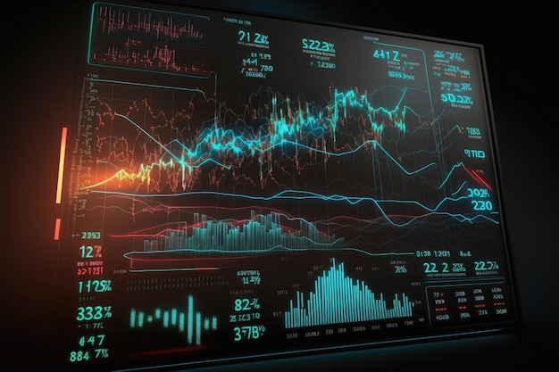 Gráficos financeiros do mercado de negociação e diagrama de linhas brilhantes na arte gerada por IA da rede neural digital