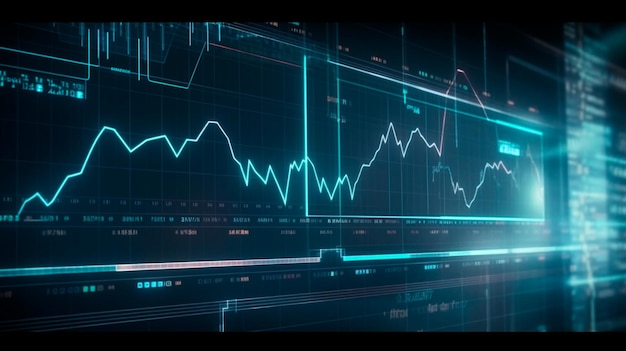 Gráficos financeiros linhas brilhantes e diagrama na tela digital Mercado de negociação e conceito econômico Crise financeira e inflação IA generativa