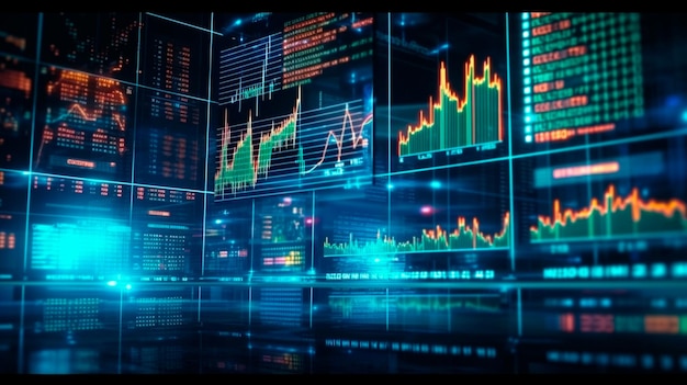 Foto gráficos financeiros linhas brilhantes e diagrama na tela digital mercado de negociação e conceito econômico crise financeira e inflação ia generativa