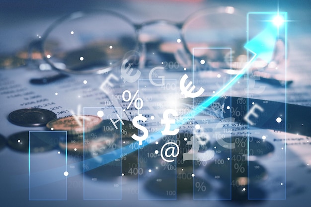 Gráficos financieros y bursátiles globales y tendencias de crecimiento económico.