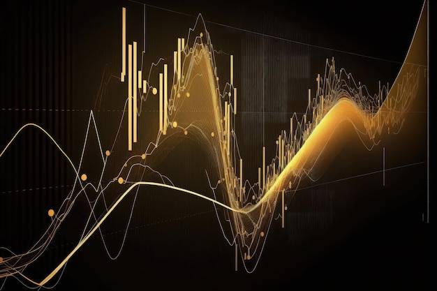 Gráficos financieros del mercado comercial y diagrama de líneas brillantes en la red neuronal digital Arte generado por IA