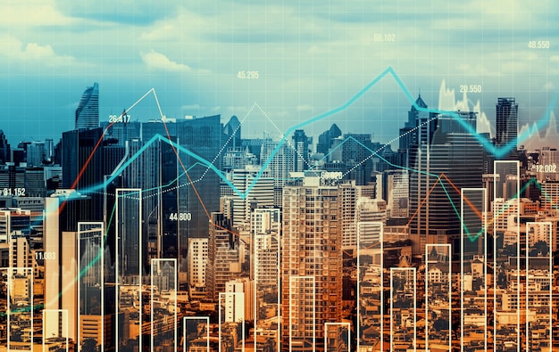 Foto los gráficos financieros se superponen con el área urbana modernista por concepto de negocio