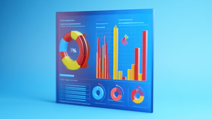 Foto gráficos y gráficos de colores en una pantalla de vidrio azul