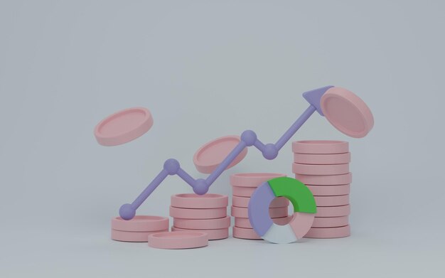 Gráficos de gráficos de negocios y pilas de monedas Gráfico de barras en crecimiento que aumenta el objetivo de logro hacia adelante Representación 3D Ilustración