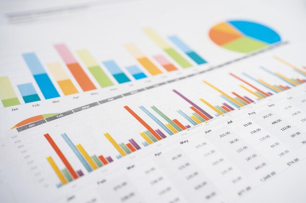 Gráficos gráficos papel Desenvolvimento financeiro Estatísticas de contas bancárias Investimento Pesquisa analítica Economia de dados Negociação de bolsa de valores Conceito de reunião de empresa de escritório de negócios