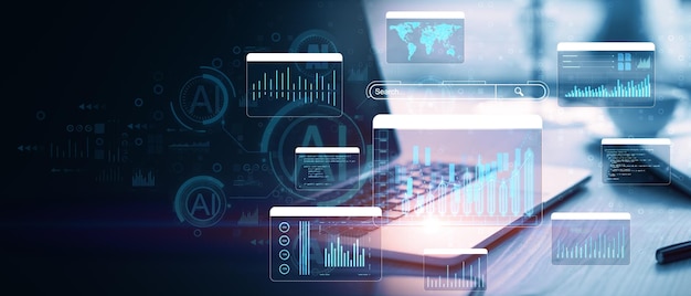 Gráficos de negociación digitales y datos financieros en paneles transparentes con una computadora portátil en el fondo que ilustran el análisis de fintech y mercado