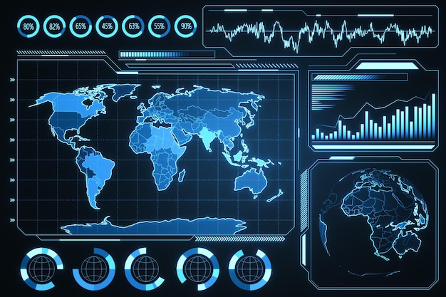 Gráficos de negocios digitales brillantes y interfaz de mapas en un fondo azul borroso Guerra de control militar y concepto de espionaje Renderización 3D