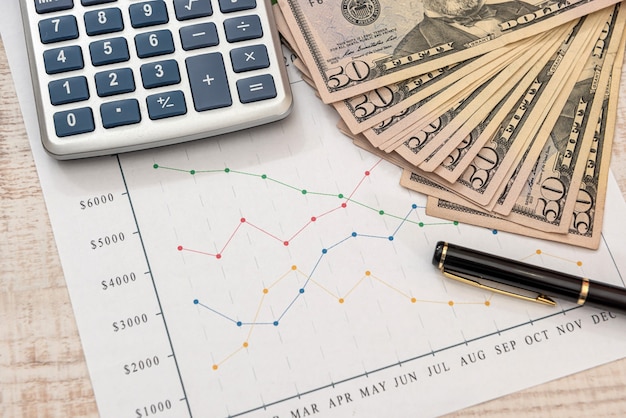 Gráficos de negocios dólar pluma y calculadora. Concepto de análisis de datos financieros